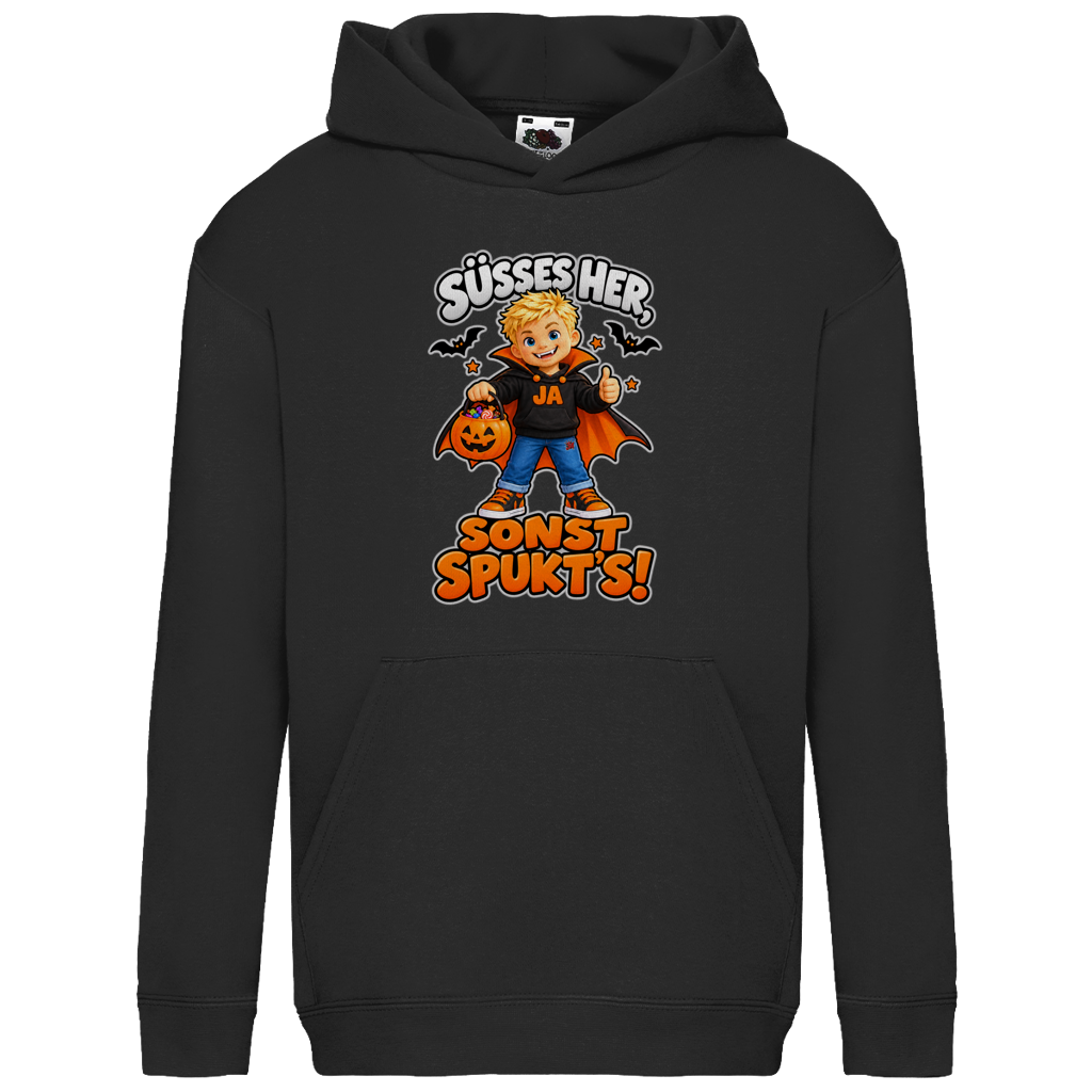 JA Jason Naschvampir – Kinder-Hoodie in Schwarz, Vorderansicht, Frontdruck: Jason als Naschvampir: „Süßes her, sonst spukt’s!“ – Kinder-Halloween