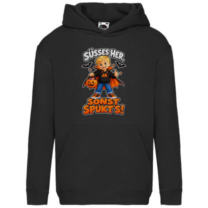 JA Jason Naschvampir – Kinder-Hoodie in Schwarz, Vorderansicht, Frontdruck: Jason als Naschvampir: „Süßes her, sonst spukt’s!“ – Kinder-Halloween