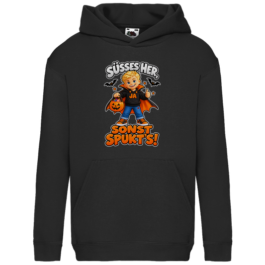 JA Jason Naschvampir – Kinder-Hoodie in Schwarz, Vorderansicht, Frontdruck: Jason als Naschvampir: „Süßes her, sonst spukt’s!“ – Kinder-Halloween