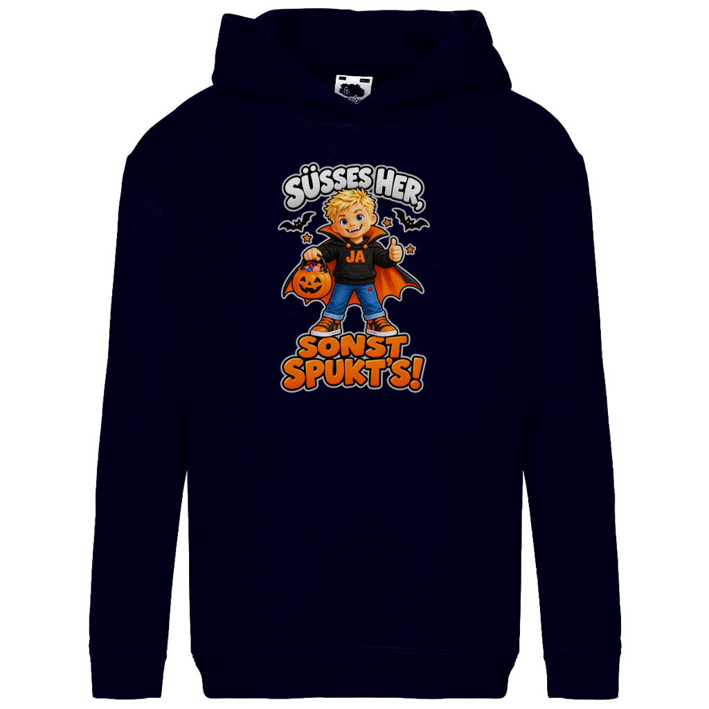 JA Jason Naschvampir – Kinder-Hoodie in Dunkles Marineblau, Vorderansicht, Frontdruck: Jason als Naschvampir: „Süßes her, sonst spukt’s!“ – Kinder-Halloween