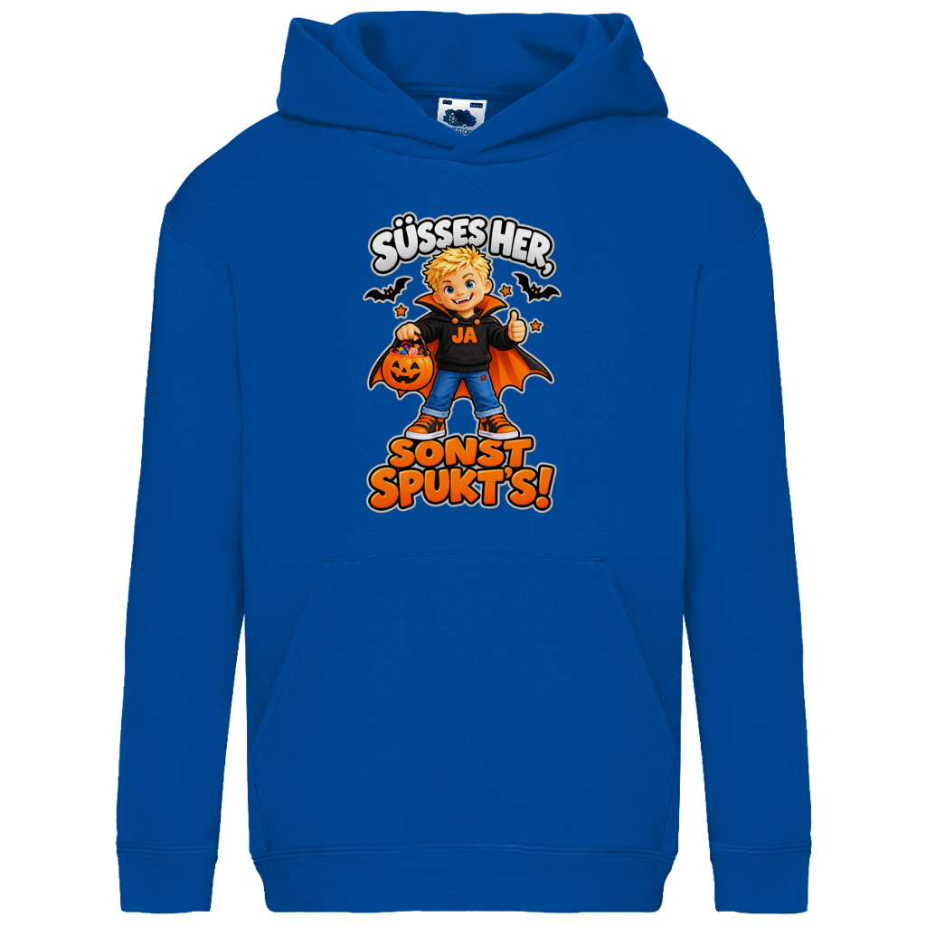 JA Jason Naschvampir – Kinder-Hoodie in Royalblau, Vorderansicht, Frontdruck: Jason als Naschvampir: „Süßes her, sonst spukt’s!“ – Kinder-Halloween