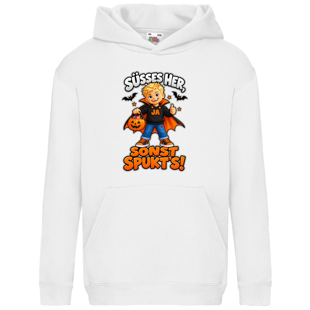 JA Jason Naschvampir – Kinder-Hoodie in Weiß, Vorderansicht, Frontdruck: Jason als Naschvampir: „Süßes her, sonst spukt’s!“ – Kinder-Halloween