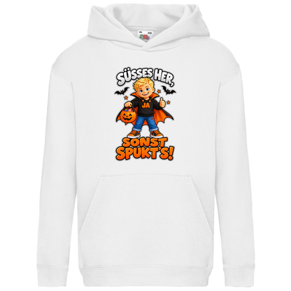 JA Jason Naschvampir – Kinder-Hoodie in Weiß, Vorderansicht, Frontdruck: Jason als Naschvampir: „Süßes her, sonst spukt’s!“ – Kinder-Halloween