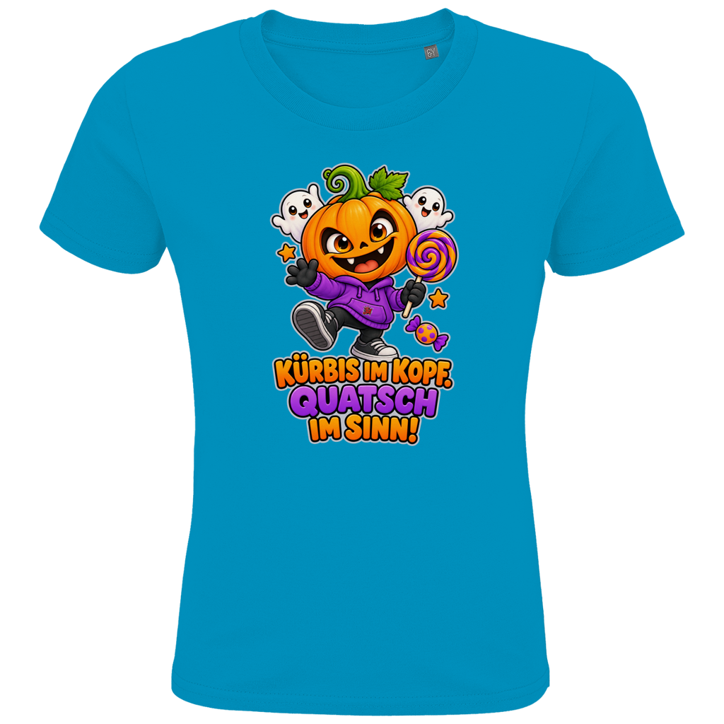 JA Kürbisquatsch – Kinder-T-Shirt in Aqua, Vorderansicht, Frontdruck: Fröhlicher Kürbis mit Lolli: „Kürbis im Kopf. Quatsch im Sinn!“