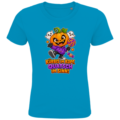 JA Kürbisquatsch – Kinder-T-Shirt in Aqua, Vorderansicht, Frontdruck: Fröhlicher Kürbis mit Lolli: „Kürbis im Kopf. Quatsch im Sinn!“