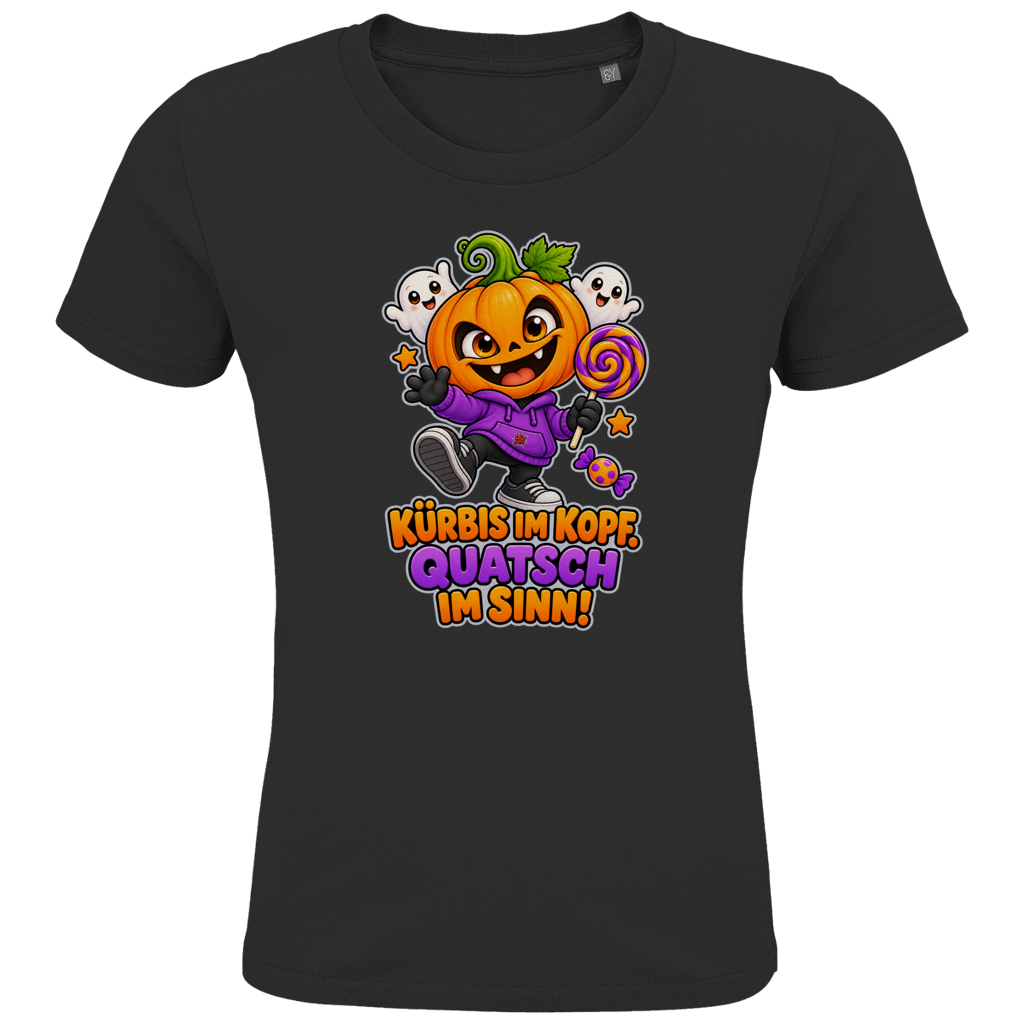 JA Kürbisquatsch – Kinder-T-Shirt in Schwarz, Vorderansicht, Frontdruck: Fröhlicher Kürbis mit Lolli: „Kürbis im Kopf. Quatsch im Sinn!“