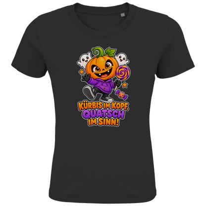 JA Kürbisquatsch – Kinder-T-Shirt in Schwarz, Vorderansicht, Frontdruck: Fröhlicher Kürbis mit Lolli: „Kürbis im Kopf. Quatsch im Sinn!“