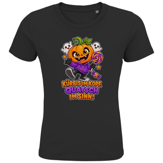 JA Kürbisquatsch – Kinder-T-Shirt in Schwarz, Vorderansicht, Frontdruck: Fröhlicher Kürbis mit Lolli: „Kürbis im Kopf. Quatsch im Sinn!“