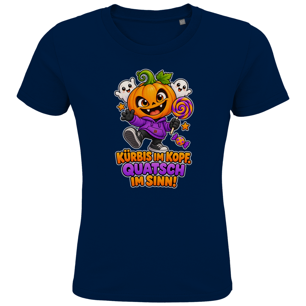 JA Kürbisquatsch – Kinder-T-Shirt in Marineblau, Vorderansicht, Frontdruck: Fröhlicher Kürbis mit Lolli: „Kürbis im Kopf. Quatsch im Sinn!“