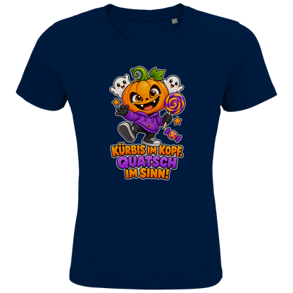 JA Kürbisquatsch – Kinder-T-Shirt in Marineblau, Vorderansicht, Frontdruck: Fröhlicher Kürbis mit Lolli: „Kürbis im Kopf. Quatsch im Sinn!“
