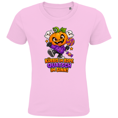 JA Kürbisquatsch – Kinder-T-Shirt in Zartrosa, Vorderansicht, Frontdruck: Fröhlicher Kürbis mit Lolli: „Kürbis im Kopf. Quatsch im Sinn!“