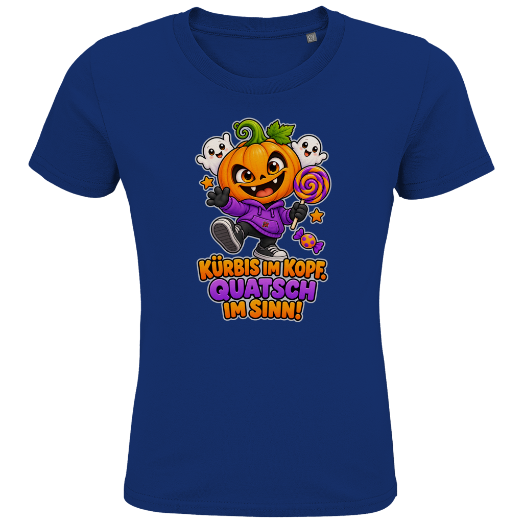 JA Kürbisquatsch – Kinder-T-Shirt in Royalblau, Vorderansicht, Frontdruck: Fröhlicher Kürbis mit Lolli: „Kürbis im Kopf. Quatsch im Sinn!“
