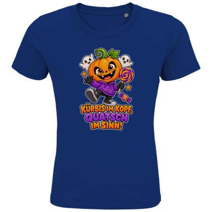 JA Kürbisquatsch – Kinder-T-Shirt in Royalblau, Vorderansicht, Frontdruck: Fröhlicher Kürbis mit Lolli: „Kürbis im Kopf. Quatsch im Sinn!“