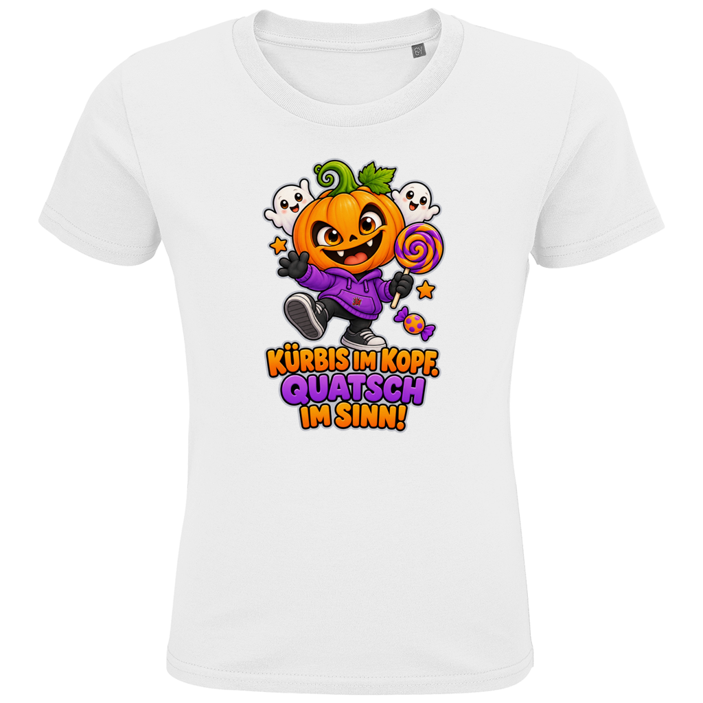 JA Kürbisquatsch – Kinder-T-Shirt in Weiß, Vorderansicht, Frontdruck: Fröhlicher Kürbis mit Lolli: „Kürbis im Kopf. Quatsch im Sinn!“