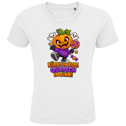 JA Kürbisquatsch – Kinder-T-Shirt in Weiß, Vorderansicht, Frontdruck: Fröhlicher Kürbis mit Lolli: „Kürbis im Kopf. Quatsch im Sinn!“