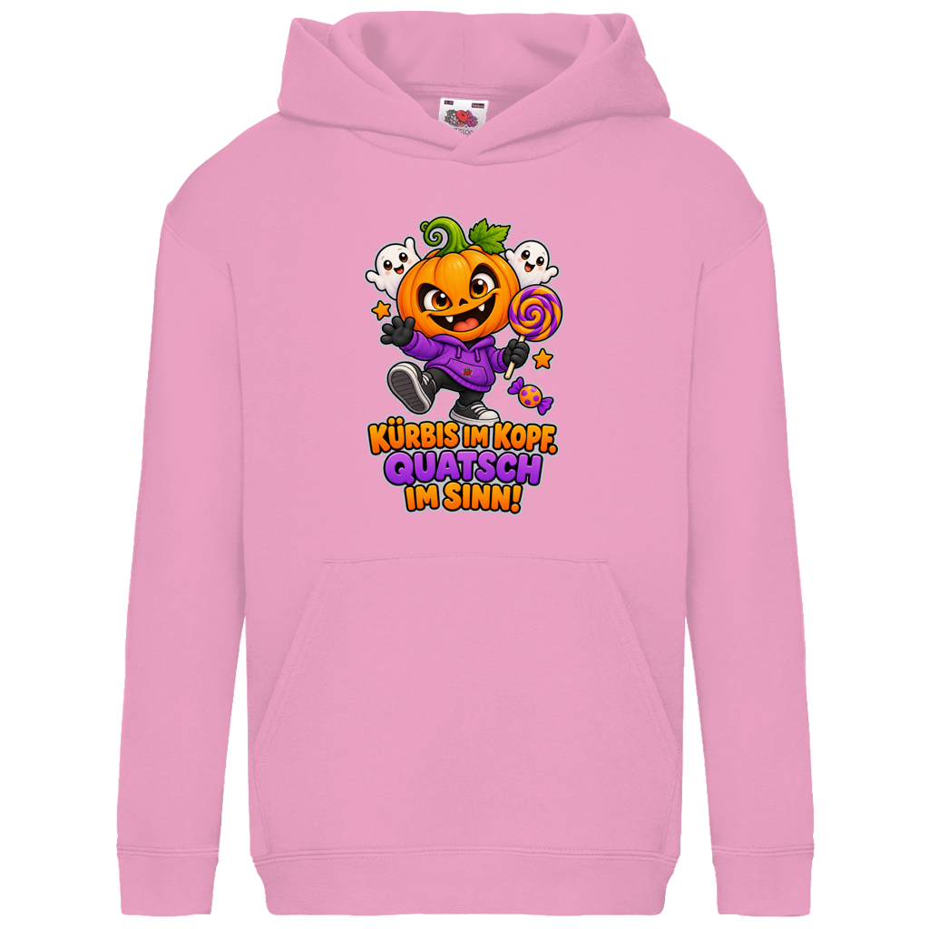 JA Kürbisquatsch – Kinder-Hoodie in Hellrosa, Vorderansicht, Frontdruck: Fröhlicher Kürbis mit Lolli: „Kürbis im Kopf. Quatsch im Sinn!“