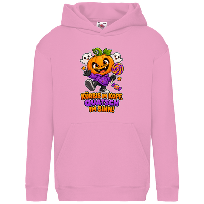 JA Kürbisquatsch – Kinder-Hoodie in Hellrosa, Vorderansicht, Frontdruck: Fröhlicher Kürbis mit Lolli: „Kürbis im Kopf. Quatsch im Sinn!“