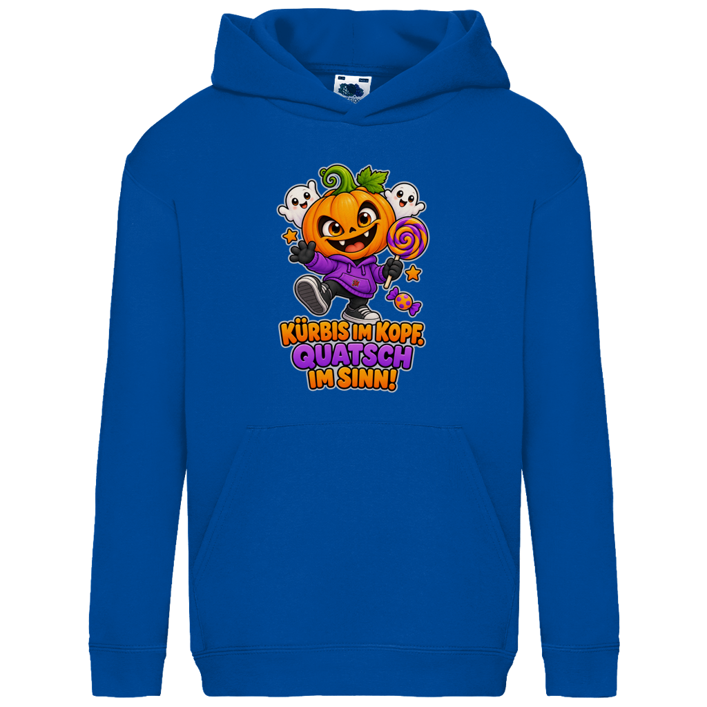 JA Kürbisquatsch – Kinder-Hoodie in Royalblau, Vorderansicht, Frontdruck: Fröhlicher Kürbis mit Lolli: „Kürbis im Kopf. Quatsch im Sinn!“