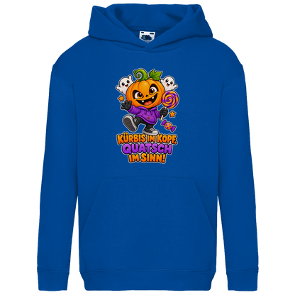 JA Kürbisquatsch – Kinder-Hoodie in Royalblau, Vorderansicht, Frontdruck: Fröhlicher Kürbis mit Lolli: „Kürbis im Kopf. Quatsch im Sinn!“