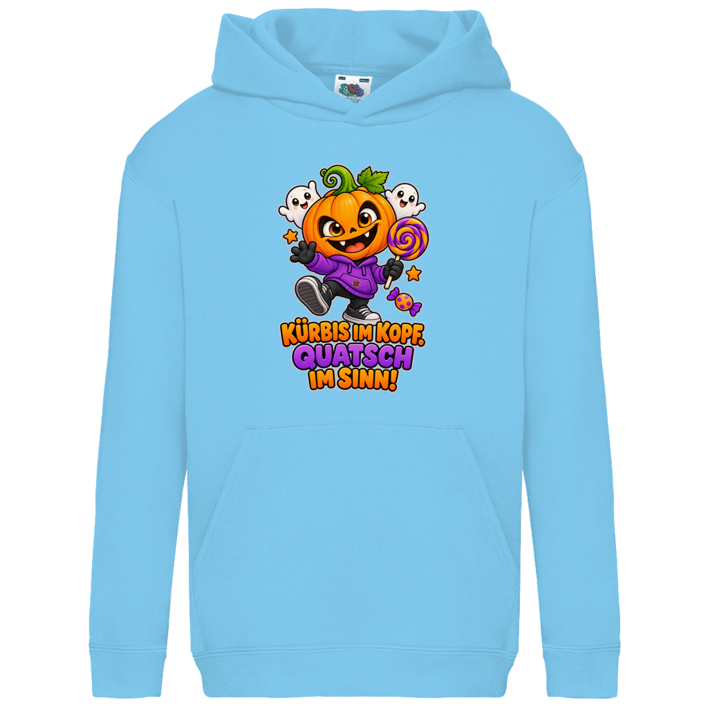 JA Kürbisquatsch – Kinder-Hoodie in Himmelblau, Vorderansicht, Frontdruck: Fröhlicher Kürbis mit Lolli: „Kürbis im Kopf. Quatsch im Sinn!“
