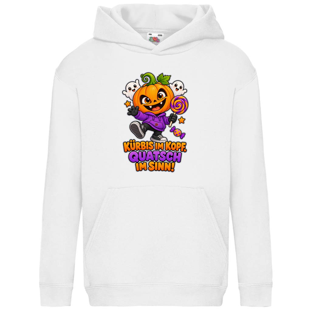 JA Kürbisquatsch – Kinder-Hoodie in Weiß, Vorderansicht, Frontdruck: Fröhlicher Kürbis mit Lolli: „Kürbis im Kopf. Quatsch im Sinn!“