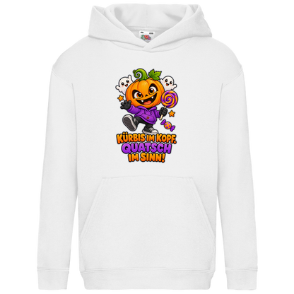 JA Kürbisquatsch – Kinder-Hoodie in Weiß, Vorderansicht, Frontdruck: Fröhlicher Kürbis mit Lolli: „Kürbis im Kopf. Quatsch im Sinn!“