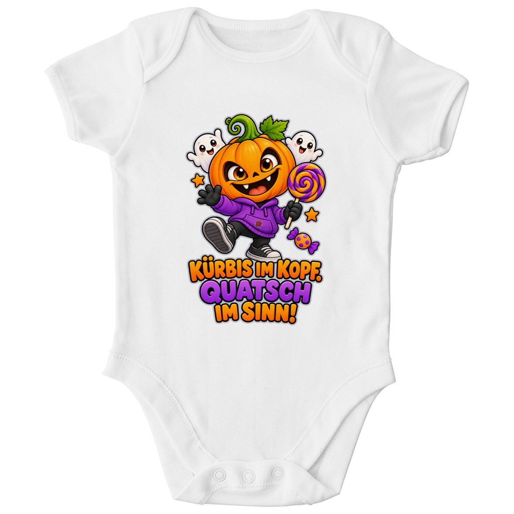 JA Kürbisquatsch – Baby-Body in Weiß, Vorderansicht, Frontdruck: Fröhlicher Kürbis mit Lolli: „Kürbis im Kopf. Quatsch im Sinn!“