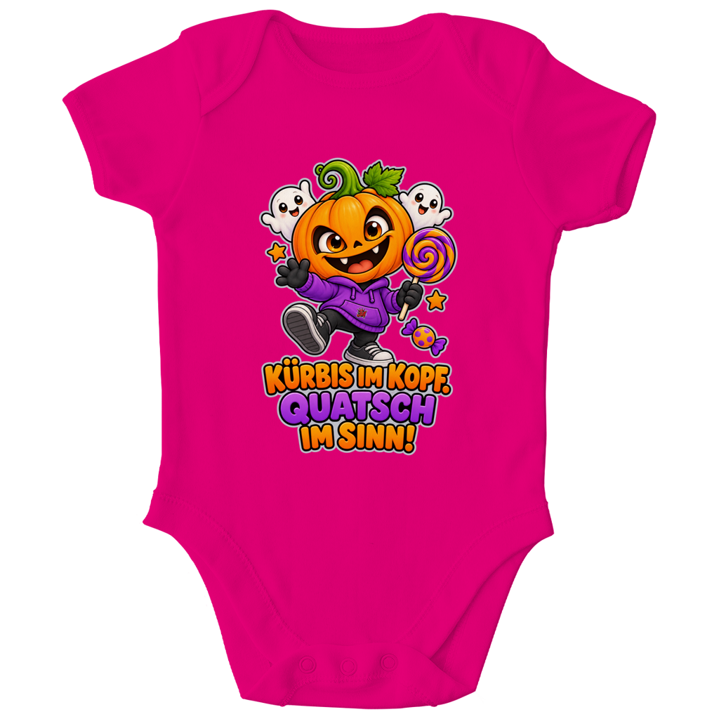 JA Kürbisquatsch – Baby-Body in Fuchsia, Vorderansicht, Frontdruck: Fröhlicher Kürbis mit Lolli: „Kürbis im Kopf. Quatsch im Sinn!“