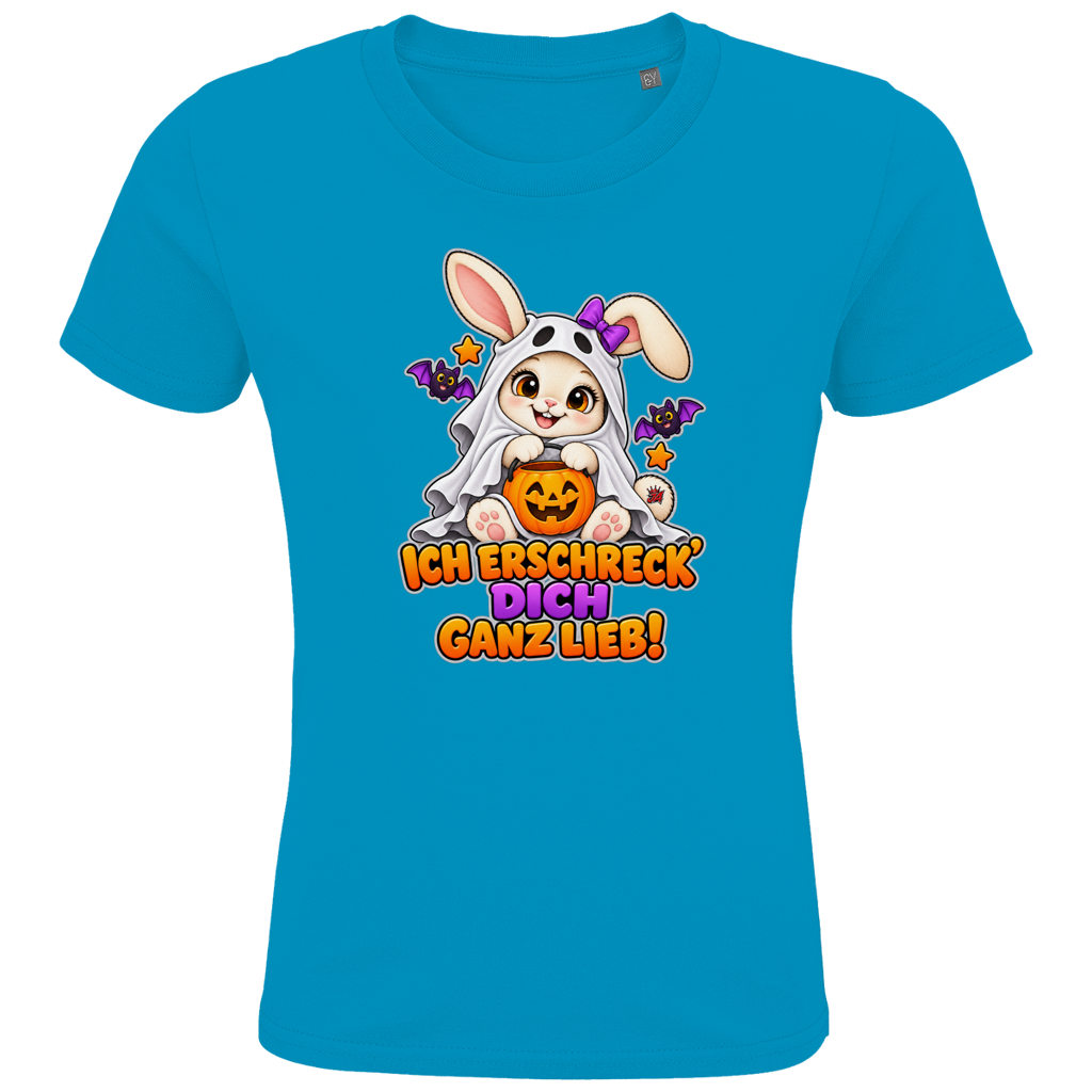 JA Kuschelspuk – Kinder-T-Shirt in Aqua, Vorderansicht, Frontdruck: Häschen im Gespensterkostüm: „Ich erschreck dich ganz lieb!“
