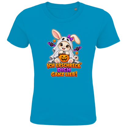 JA Kuschelspuk – Kinder-T-Shirt in Aqua, Vorderansicht, Frontdruck: Häschen im Gespensterkostüm: „Ich erschreck dich ganz lieb!“