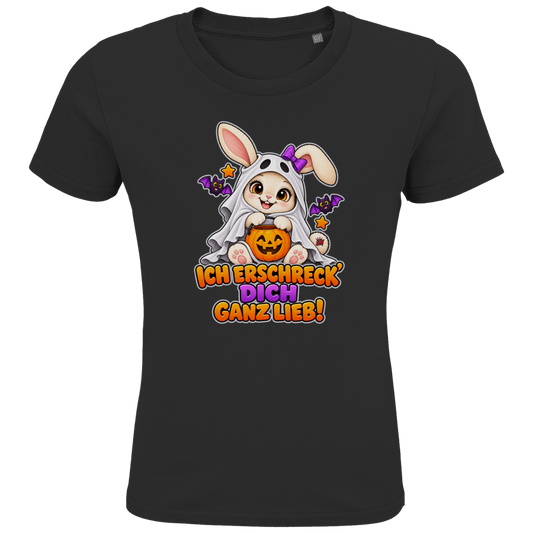 JA Kuschelspuk – Kinder-T-Shirt in Schwarz, Vorderansicht, Frontdruck: Häschen im Gespensterkostüm: „Ich erschreck dich ganz lieb!“