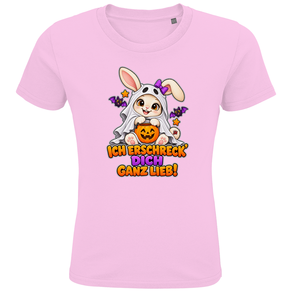 JA Kuschelspuk – Kinder-T-Shirt in Zartrosa, Vorderansicht, Frontdruck: Häschen im Gespensterkostüm: „Ich erschreck dich ganz lieb!“