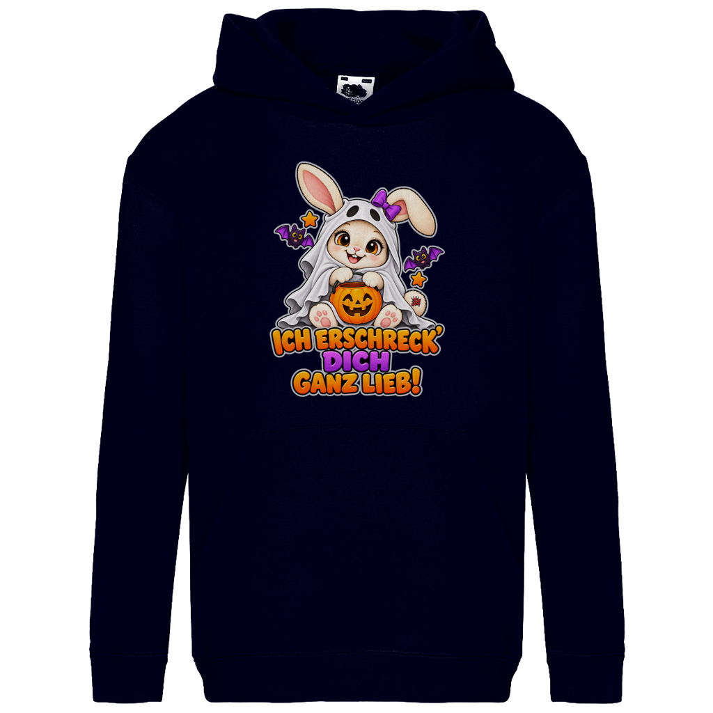 JA Kuschelspuk – Kinder-Hoodie in Dunkles Marineblau, Vorderansicht, Frontdruck: Häschen im Gespensterkostüm: „Ich erschreck dich ganz lieb!“