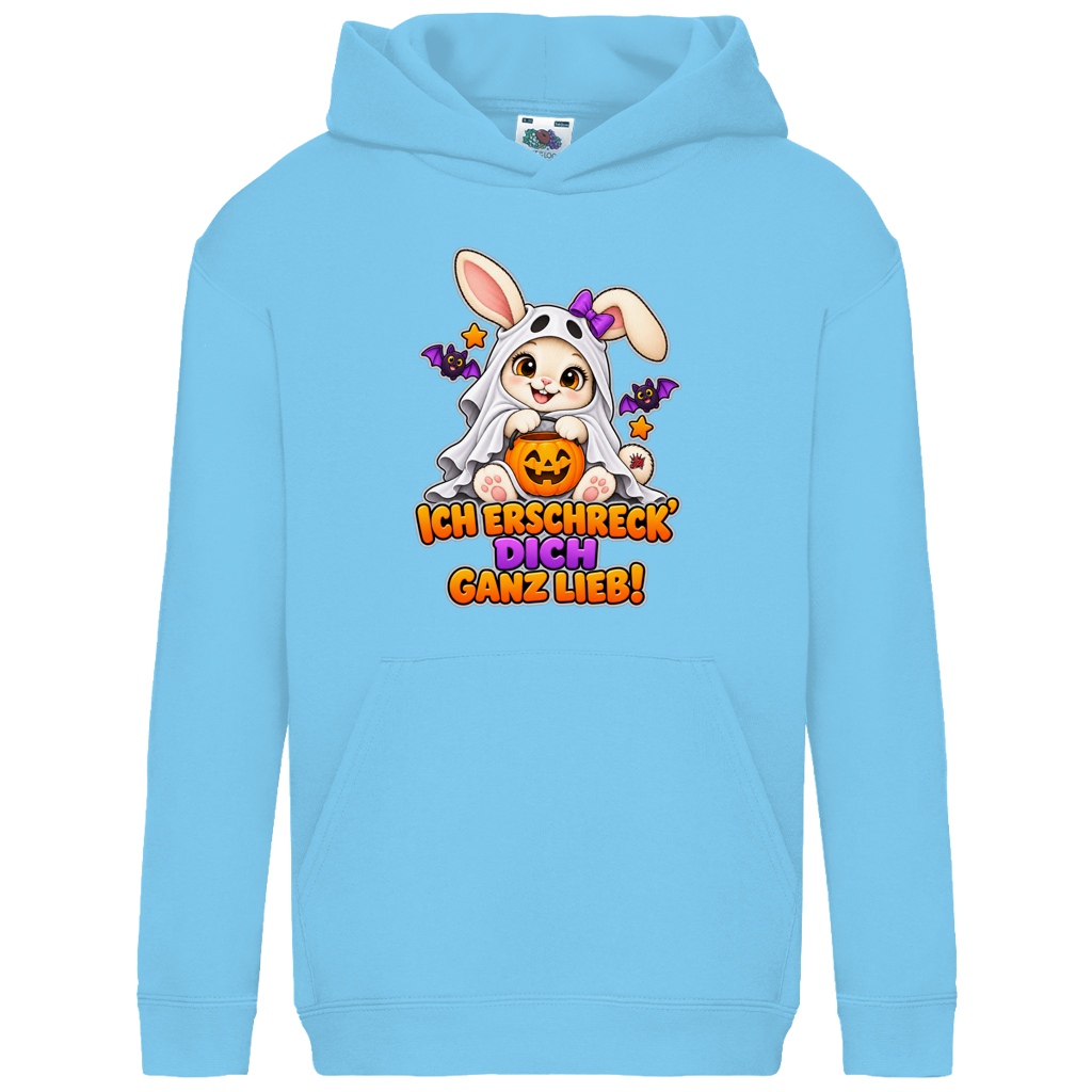 JA Kuschelspuk – Kinder-Hoodie in Himmelblau, Vorderansicht, Frontdruck: Häschen im Gespensterkostüm: „Ich erschreck dich ganz lieb!“