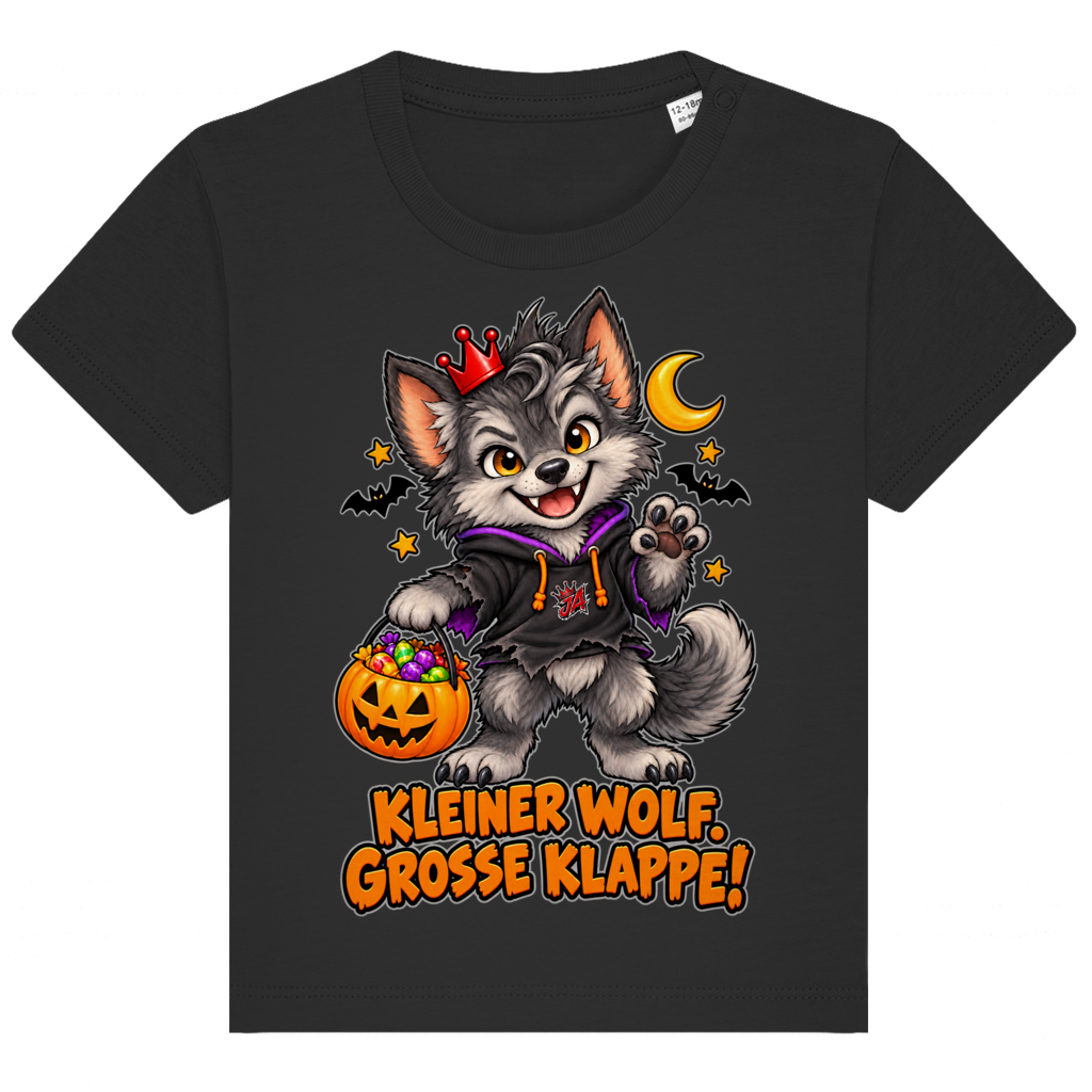 JA Klappenwolf – Baby-T-Shirt in Schwarz, Vorderansicht, Frontdruck: Werwolf-Welpe mit Krone: „Kleiner Wolf. Große Klappe!“