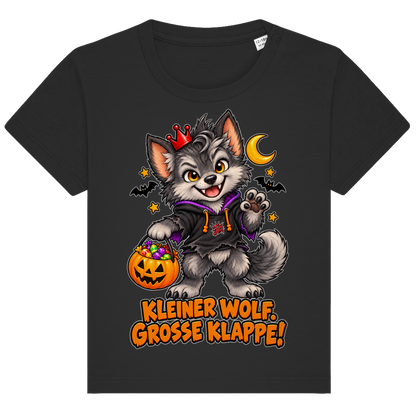 JA Klappenwolf – Baby-T-Shirt in Schwarz, Vorderansicht, Frontdruck: Werwolf-Welpe mit Krone: „Kleiner Wolf. Große Klappe!“