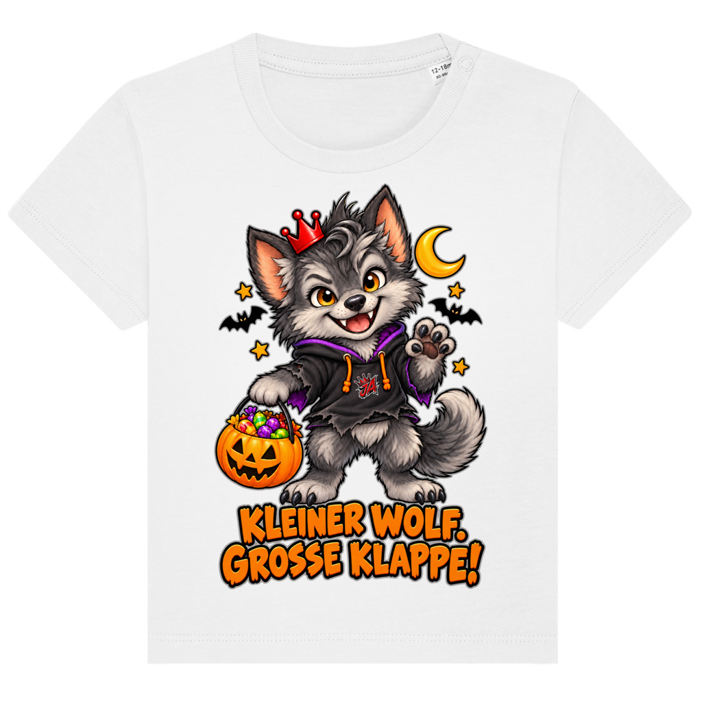 JA Klappenwolf – Baby-T-Shirt in Weiß, Vorderansicht, Frontdruck: Werwolf-Welpe mit Krone: „Kleiner Wolf. Große Klappe!“