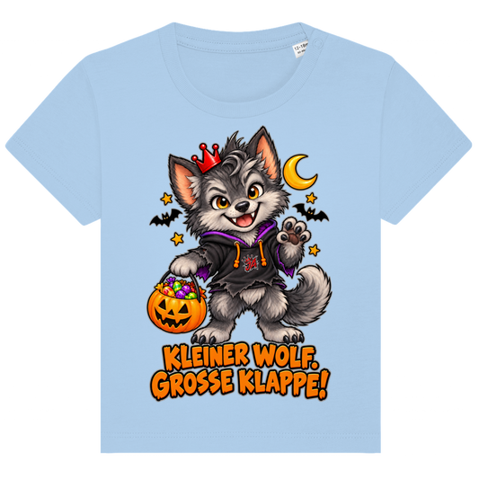 JA Klappenwolf – Baby-T-Shirt in Blau, Vorderansicht, Frontdruck: Werwolf-Welpe mit Krone: „Kleiner Wolf. Große Klappe!“