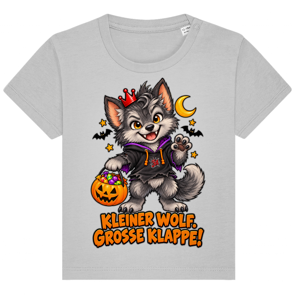 JA Klappenwolf – Baby-T-Shirt in Grau meliert, Vorderansicht, Frontdruck: Werwolf-Welpe mit Krone: „Kleiner Wolf. Große Klappe!“