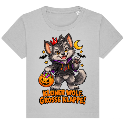JA Klappenwolf – Baby-T-Shirt in Grau meliert, Vorderansicht, Frontdruck: Werwolf-Welpe mit Krone: „Kleiner Wolf. Große Klappe!“