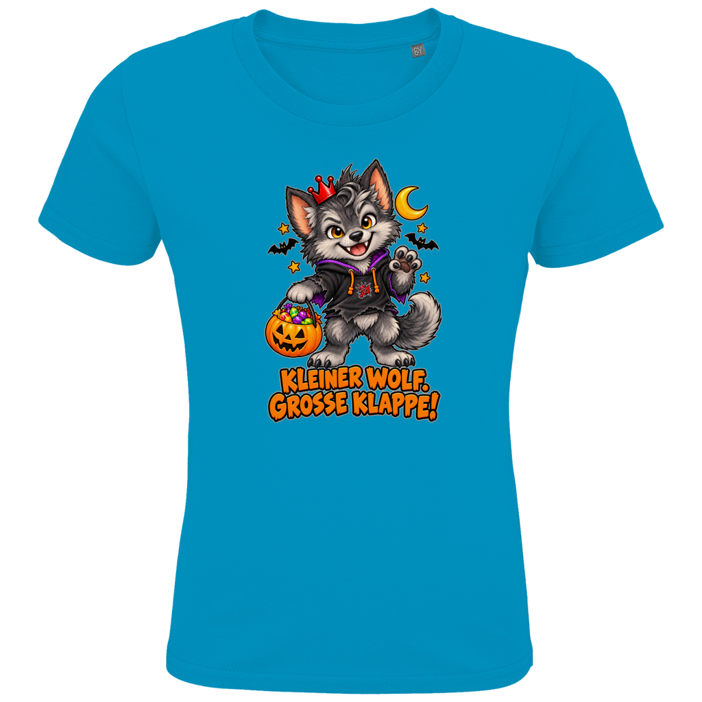JA Klappenwolf – Kinder-T-Shirt in Aqua, Vorderansicht, Frontdruck: Werwolf-Welpe mit Krone: „Kleiner Wolf. Große Klappe!“