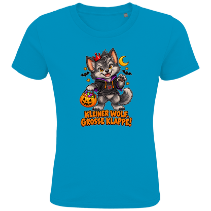 JA Klappenwolf – Kinder-T-Shirt in Aqua, Vorderansicht, Frontdruck: Werwolf-Welpe mit Krone: „Kleiner Wolf. Große Klappe!“
