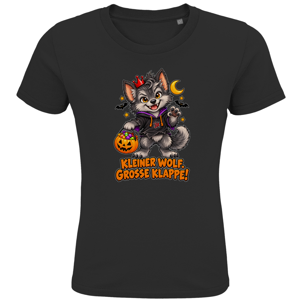 JA Klappenwolf – Kinder-T-Shirt in Schwarz, Vorderansicht, Frontdruck: Werwolf-Welpe mit Krone: „Kleiner Wolf. Große Klappe!“