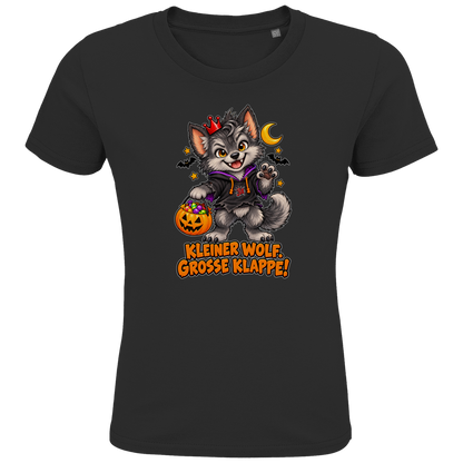 JA Klappenwolf – Kinder-T-Shirt in Schwarz, Vorderansicht, Frontdruck: Werwolf-Welpe mit Krone: „Kleiner Wolf. Große Klappe!“