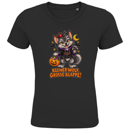 JA Klappenwolf – Kinder-T-Shirt in Schwarz, Vorderansicht, Frontdruck: Werwolf-Welpe mit Krone: „Kleiner Wolf. Große Klappe!“