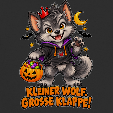JA Klappenwolf – Kinder-T-Shirt in Schwarz, Nahaufnahme vom Motiv