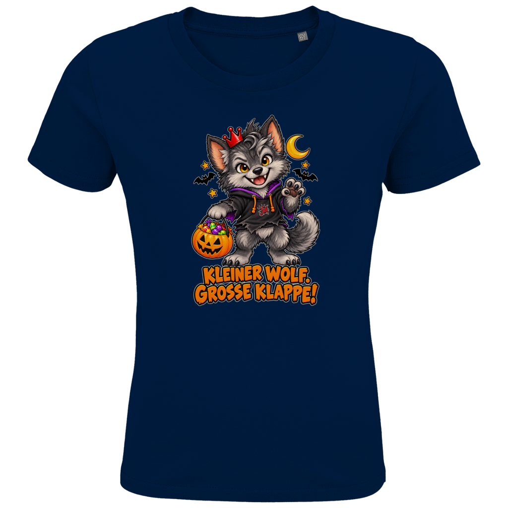 JA Klappenwolf – Kinder-T-Shirt in Marineblau, Vorderansicht, Frontdruck: Werwolf-Welpe mit Krone: „Kleiner Wolf. Große Klappe!“