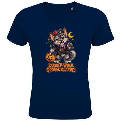 JA Klappenwolf – Kinder-T-Shirt in Marineblau, Vorderansicht, Frontdruck: Werwolf-Welpe mit Krone: „Kleiner Wolf. Große Klappe!“