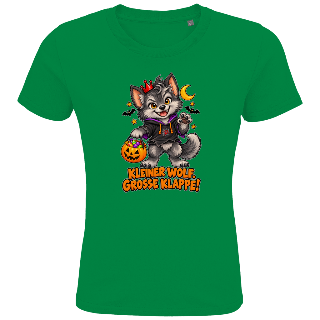 JA Klappenwolf – Kinder-T-Shirt in Kellygrün, Vorderansicht, Frontdruck: Werwolf-Welpe mit Krone: „Kleiner Wolf. Große Klappe!“