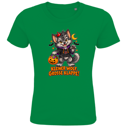 JA Klappenwolf – Kinder-T-Shirt in Kellygrün, Vorderansicht, Frontdruck: Werwolf-Welpe mit Krone: „Kleiner Wolf. Große Klappe!“
